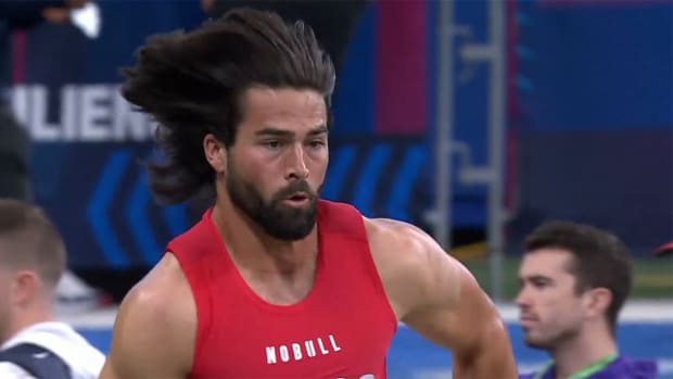 Sam Hartman runs the 40-yard dash at the NFL scouting combine.
